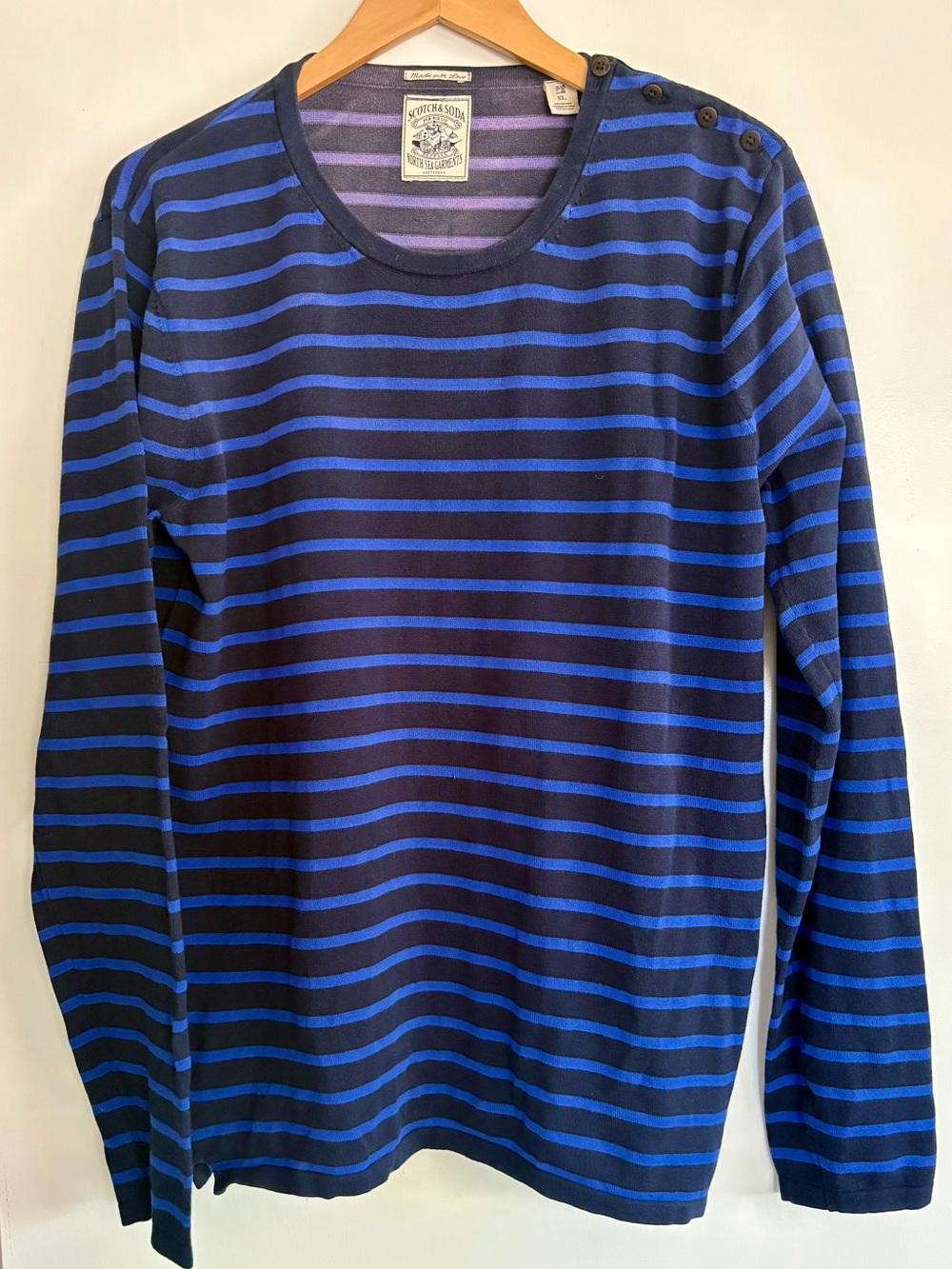 Scotch & Soda Navy and Royal Blue Denim Washed Striped Long Sleeve Shirt